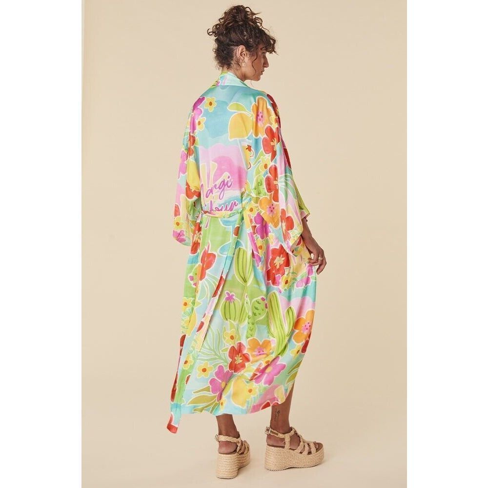 Spell Floral Pastel Silk Kimono Robe in Aqua, Pink & Yellow - Picture 4 of 10